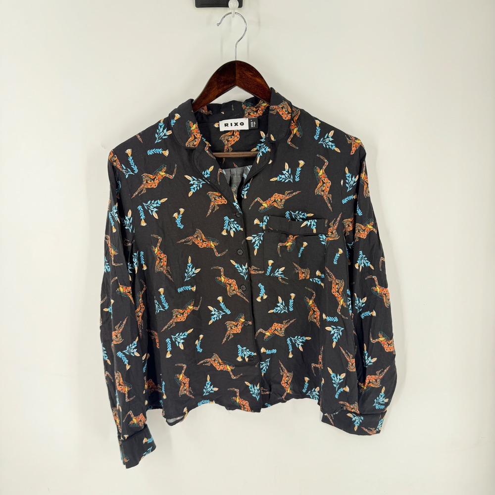 RIXO Austin Shirt Black Small Celestial Print Top Whimsical MaximalistArt Deco